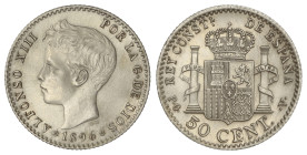Peseta System: Alfonso XIII
50 Céntimos. 1896 (*9-6). P.G.-V. ESCASA. EBC.