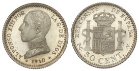 Peseta System: Alfonso XIII
50 Céntimos. 1910 (*1-0). P.C.-V. Parece PROOF. Brillo original. SC.