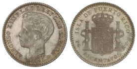 Peseta System: Alfonso XIII
10 Centavos de Peso. 1896. PUERTO RICO. P.G.-V. Pátina y restos de brillo. RARA ASI. SC.