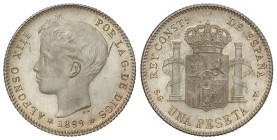 Peseta System: Alfonso XIII
1 Peseta. 1899 (*18-99). S.G.-V. Brillo original. SC.