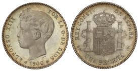 Peseta System: Alfonso XIII
1 Peseta. 1900 (*19-00). S.M.-V. Bonita pátina irisada. SC-.