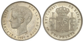 Peseta System: Alfonso XIII
1 Peseta. 1901 (*19-01). S.M.-V. Brillo original. SC.
