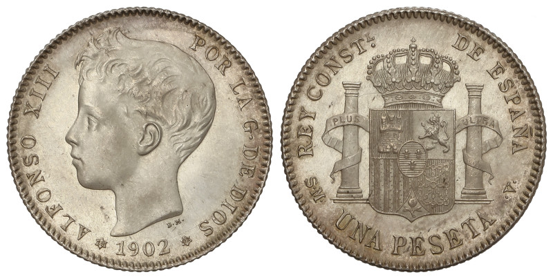 Peseta System: Alfonso XIII
1 Peseta. 1902 (*19-02). S.M.-V. Bonita pieza con b...