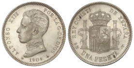 Peseta System: Alfonso XIII
1 Peseta. 1904 (*19-04). S.M.-V. (Pequeñas manchitas en reverso). Brillo original. SC-.