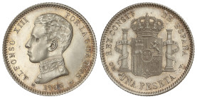 Peseta System: Alfonso XIII
1 Peseta. 1905 (*19-05). S.M.-V. Bonita pieza con brillo original. MUY RARA en esta calidad. SC-.