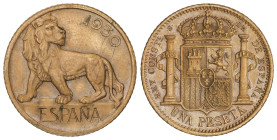 Peseta System: Alfonso XIII
Prueba de 1 Peseta. 1930. S.L.-M. Anv.: León caminando a izquierda, utilizando el cuño de los proyectos de los 5 Céntimos...