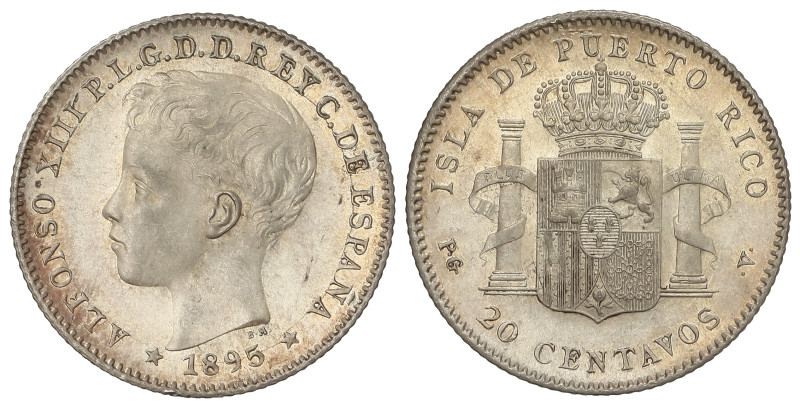 Peseta System: Alfonso XIII
20 Centavos de Peso. 1895. PUERTO RICO. P.G.-V. Res...