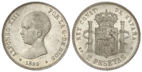 Peseta System: Alfonso XIII
2 Pesetas. 1889 (*18-89). M.P.-M. Preciosa pieza, parece PROOF. Pleno brillo original. RARA ASÍ. SC.