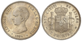 Peseta System: Alfonso XIII
2 Pesetas. 1891 (*18-91). P.G.-M. (Levísimas rayitas en anverso). Pátina y brillo originales. MUY ESCASA. EBC+.