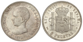 Peseta System: Alfonso XIII
2 Pesetas. 1892 (*18-92). P.G.-M. Pátina y brillo originales. RARA ASÍ. SC-.