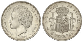 Peseta System: Alfonso XIII
2 Pesetas. 1894 (*18-94). P.G.-V. Bonita pieza. (Levísimas rayitas de limpieza). MUY ESCASA. SC-.
