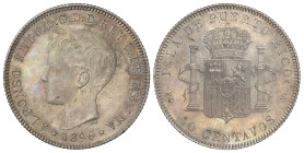 Peseta System: Alfonso XIII
40 Centavos de Peso. 1896. PUERTO RICO. Pátina irisada. MUY ESCASA. EBC.