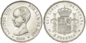 Peseta System: Alfonso XIII
5 Pesetas. 1888 (*18-88). M.S.-M. Pátina y brillo originales. EXTRAORDINARIO EJEMPLAR. Encapsulada por NGC MS 61 (nº 5786...