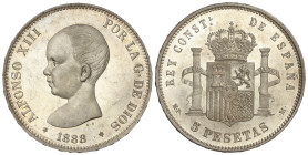 Peseta System: Alfonso XIII
5 Pesetas. 1888 (*18-88). M.P.-M. Parece PROOF. (Leves rayitas). Brillo original. RARA ASÍ. SC-.