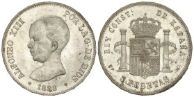 Peseta System: Alfonso XIII
5 Pesetas. 1888 (*18-88). M.P.-M. (Leves rayitas y pequeñas manchitas). Brillo original. SC-.