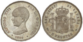 Peseta System: Alfonso XIII
5 Pesetas. 1889 (*18-89). M.P.-M. (Pequeñas marquitas). Bonita pátina acerada. RARA ASI. SC-.