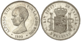 Peseta System: Alfonso XIII
5 Pesetas. 1890 (*18-90). P.G.-M. (Pequeñas manchitas y rayitas). Pleno brillo original. SC-.