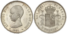 Peseta System: Alfonso XIII
5 Pesetas. 1891 (*18-91). P.G.-M. Bonita pieza. (Leves marquitas). Brillo original. ESCASA ASÍ. SC-.