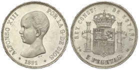 Peseta System: Alfonso XIII
5 Pesetas. 1891 (*18-91). P.G.-M. (Leves rayitas). Brillo original. EBC+.