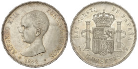 Peseta System: Alfonso XIII
5 Pesetas. 1892 (*18-92). P.G.-M. Tipo Pelón. (Leves marquitas). Restos de pátina y brillo originales. RARA ASÍ. EBC+.