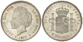Peseta System: Alfonso XII
5 Pesetas. 1892 (*18-92). P.G.-M. Tipo Bucles. (Leves rayitas). Brillo original. SC-.