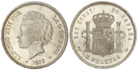 Peseta System: Alfonso XIII
5 Pesetas. 1893 (*18-93). P.G.-L. (Leves rayitas en anverso). Pleno brillo original. SC-/SC.