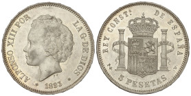 Peseta System: Alfonso XIII
5 Pesetas. 1893 (*18-93). P.G.-V. Bella pieza. Brillo original. RARA ASÍ. SC-/SC.