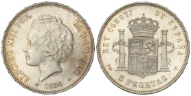 Peseta System: Alfonso XIII
5 Pesetas. 1894 (*18-94). P.G.-V. (Leves rayitas). Pleno brillo original con una leve pátina anaranjada en anverso, muy b...