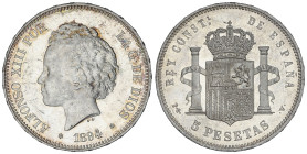 Peseta System: Alfonso XIII
5 Pesetas. 1894 (*18-94). P.G.-V. Encapsulada por NGC MS62 (n. 5786750-001). Bella con brillo original. RARA EN ESTA CALI...