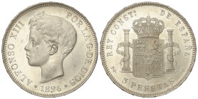 Peseta System: Alfonso XIII
5 Pesetas. 1896 (*18-96). P.G.-V. Pleno brillo original, parece PROOF. SC.