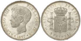 Peseta System: Alfonso XIII
5 Pesetas. 1897 (*18-97). S.G.-V. (Levísimas rayitas). Pátina y brillo original. SC-.