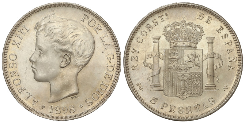 Peseta System: Alfonso XIII
5 Pesetas. 1898 (*18-98). S.G.-V. (Ínfimos golpecit...