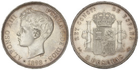 Peseta System: Alfonso XIII
5 Pesetas. 1898 (*18-98). S.G.-V. (Ínfimos golpecitos). Bonito tono con ligera pátina irregular. SC-.