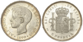Peseta System: Alfonso XIII
5 Pesetas. 1899 (*18-99). S.G.-V. (Levísimas rayitas en anverso). Pleno brillo original, parece PROOF. SC. Ex Soler y Lla...