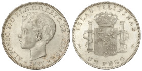 Peseta System: Alfonso XIII
1 Peso. 1897. MANILA. S.G.-V. (Pequeños golpecitos). Brillo original. MUY ESCASA ASÍ. SC-.