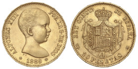 Peseta System: Alfonso XIII
20 Pesetas. 1889 (*18-89). M.P.-M. MBC+/EBC-.
