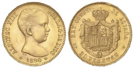 Peseta System: Alfonso XIII
20 Pesetas. 1890 (*18-90). M.P.-M. (Ínfimos golpecitos en gráfila). Restos de brillo. SC-.