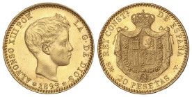 Peseta System: Alfonso XIII
20 Pesetas. 1899 (*18-99). S.M.-V. (Leves marquitas). Brillo original. EBC+.