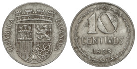 Peseta System: Ii Republic
10 Céntimos. 1938. 3,77 grs. Fe. (Leves manchitas, normales en esta pieza). RARA. AC-9. EBC.