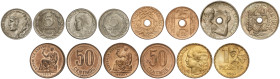 Peseta System: Ii Republic
Lote 7 monedas 5 Céntimos a 1 Peseta. 1934 a 1938. Fe(2), AE(2), CuNI y Latón. Las de 5(2) Ctos. cabeza pequeña y grande, ...