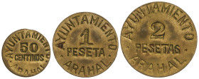 Peseta System: Local Issues Of The Civil War
Serie 3 monedas 50 Céntimos, 1 y 2 Pesetas. Ay. ARAHAL. Latón. Serie completa. AC-40/42; HG-230/3. EBC....