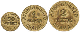 Peseta System: Local Issues Of The Civil War
Serie 3 monedas 50 Céntimos, 1 y 2 Pesetas. Ay. ARAHAL. Latón. Serie completa. AC-40/42; HG-230/3. MBC+ ...