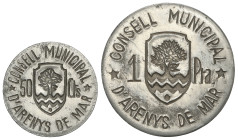 Peseta System: Local Issues Of The Civil War
Serie 2 monedas 50 Cèntims y 1 Pesseta. C.M. d´ ARENYS DE MAR. Al. Serie completa. AC-6/7. EBC- a EBC+....