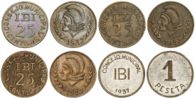 Peseta System: Local Issues Of The Civil War
Serie 4 monedas 25 Céntimos (3) y 1 Peseta. 1937. C.M. IBI. AE (3) y latón niquelado. Serie completa con...