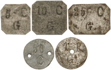 Peseta System: Local Issues Of The Civil War
Serie 5 monedas 5, 10, 25, 50 Cèntims y 1 Pesseta. GRATALLOPS. Fe. Serie completa. (Algunas con oxidacio...