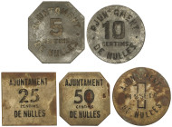 Peseta System: Local Issues Of The Civil War
Serie 5 monedas 5, 10, 25, 50 Cèntims y 1 Pesseta. Aj. de NULLES. Zinc y latón. Serie completa. ( (Algun...
