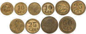 Peseta System: Local Issues Of The Civil War
Lote 5 monedas 10 (2), 25 (2) y 50 Céntimos. PUEBLA DE CAZALLA. Latón. Una de 10, 25 y 50 Céntimos con a...