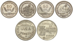 Peseta System: Local Issues Of The Civil War
Serie 3 monedas 50 (2) Céntimos y 1 Peseta. 1937. CONSEJO DE SANTANDER, PALENCIA Y BURGOS. CuNi. Serie c...