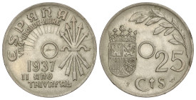 Peseta System: Estado Español
25 Céntimos. 1937. Sin agujero central. MUY ESCASA. AC-18; HG-247a. EBC-.