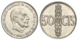 Peseta System: Estado Español
50 Céntimos. 1966. Sin estrellas, fecha entre cruces. Gráfila de puntos en anverso. Prueba?. Brillo original. MUY RARA....